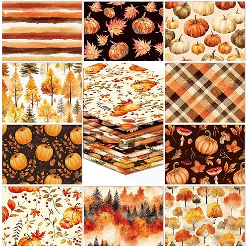 Whaline 10Pcs Fall Cotton Fabric Bundles Pumpkin Maple Leaves Fat