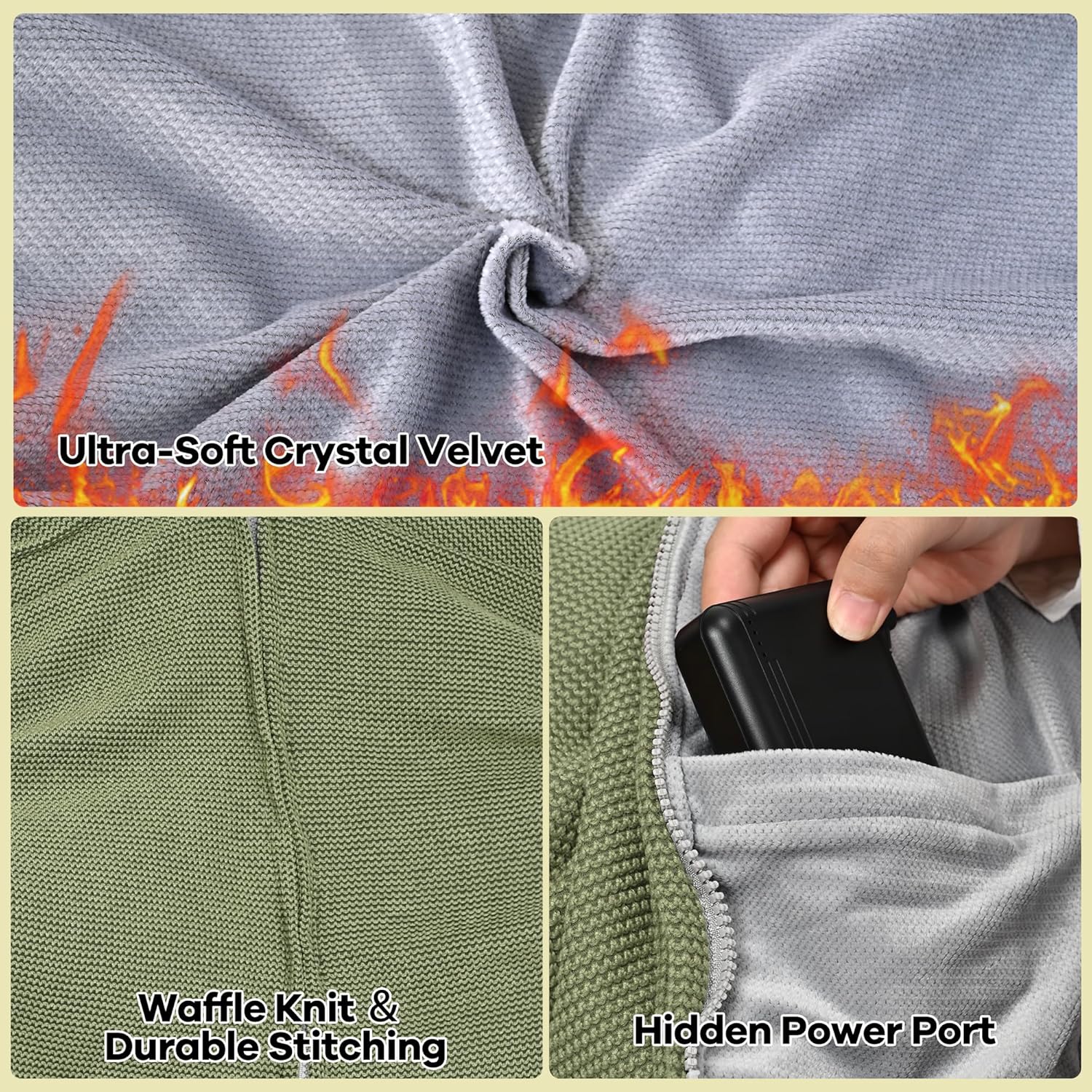 71" x 43" Wearable Heated Blanket, 20,000mAh 7.4V Power Bank, 3 Heat Levels, 11 Panels, Machine Washable, Laundry Bag & Belt - Image 8