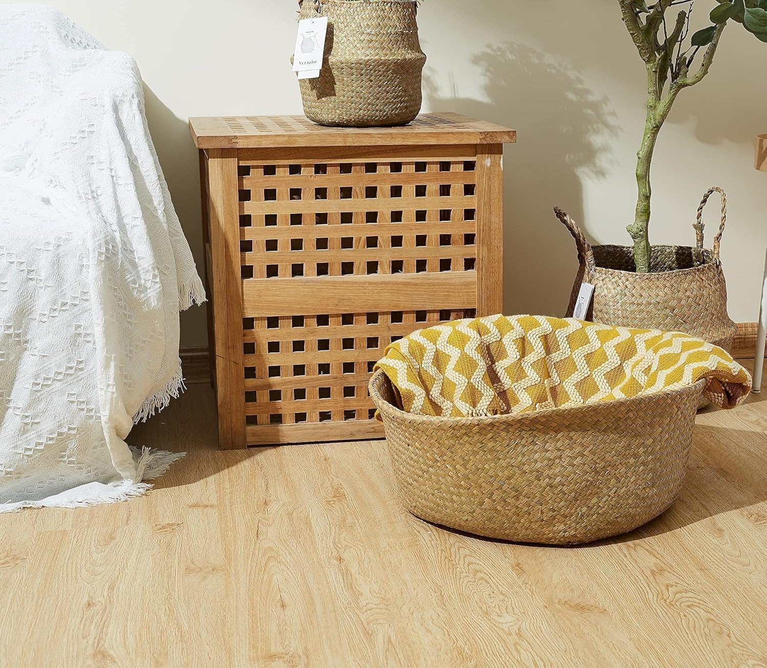 Woven Seagrass Belly Basket with Handles for Storage, Laundry, Picnic,Woven Plant Pot Holders (X-Large, Natural)