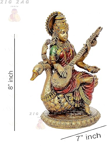 Miniatura 2 de Zig Zag Maa Saraswati Devi - Estatua de ídolo, diosa del conocimiento, música MATA Saraswati figura para escuela, oficina, hogar (multicolor, 8
