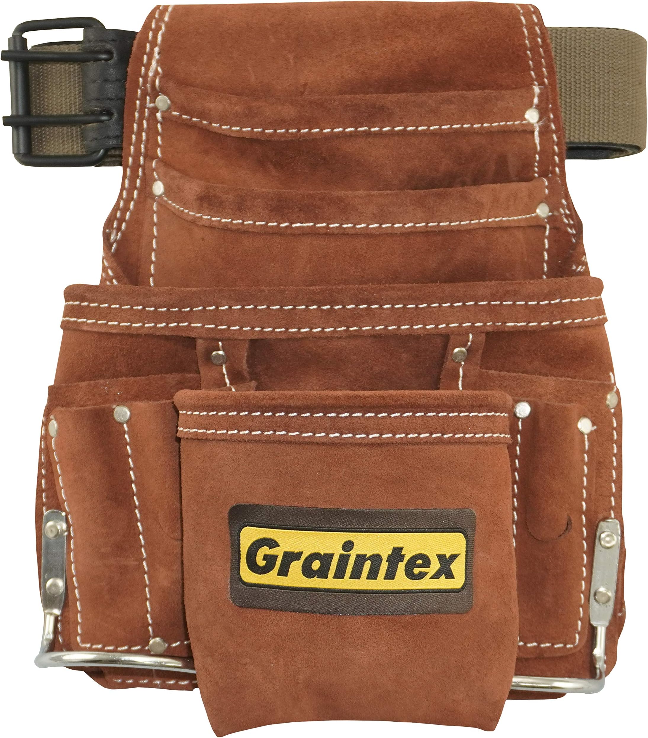 Graintex SS2976 10 Pocket Nail & Tool Pouch Brown Color Suede Leather with 2” Leather/Webbing Belt for Constructors, Electricians, Plumbers, Handymen