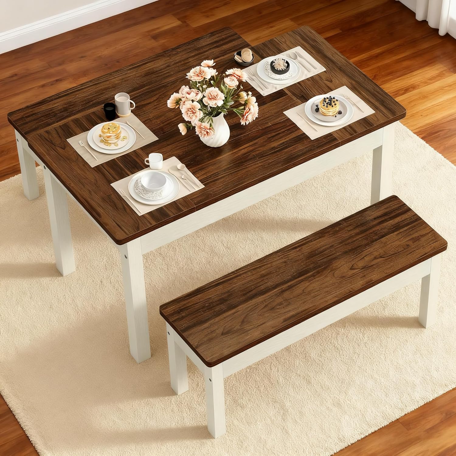 LITTLE TREE Dining Table Set for 4, Small Space Saving Farmhouse Kitchen Chairs, Compact 3-Piece Kitchen and Dining Room Furniture with 2 Wood Benches