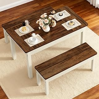 LITTLE TREE Dining Table Set for 4, Small Space Saving Farmhouse Kitchen Chairs, Compact 3-Piece Kitchen and Dining Room Furniture with 2 Wood Benches