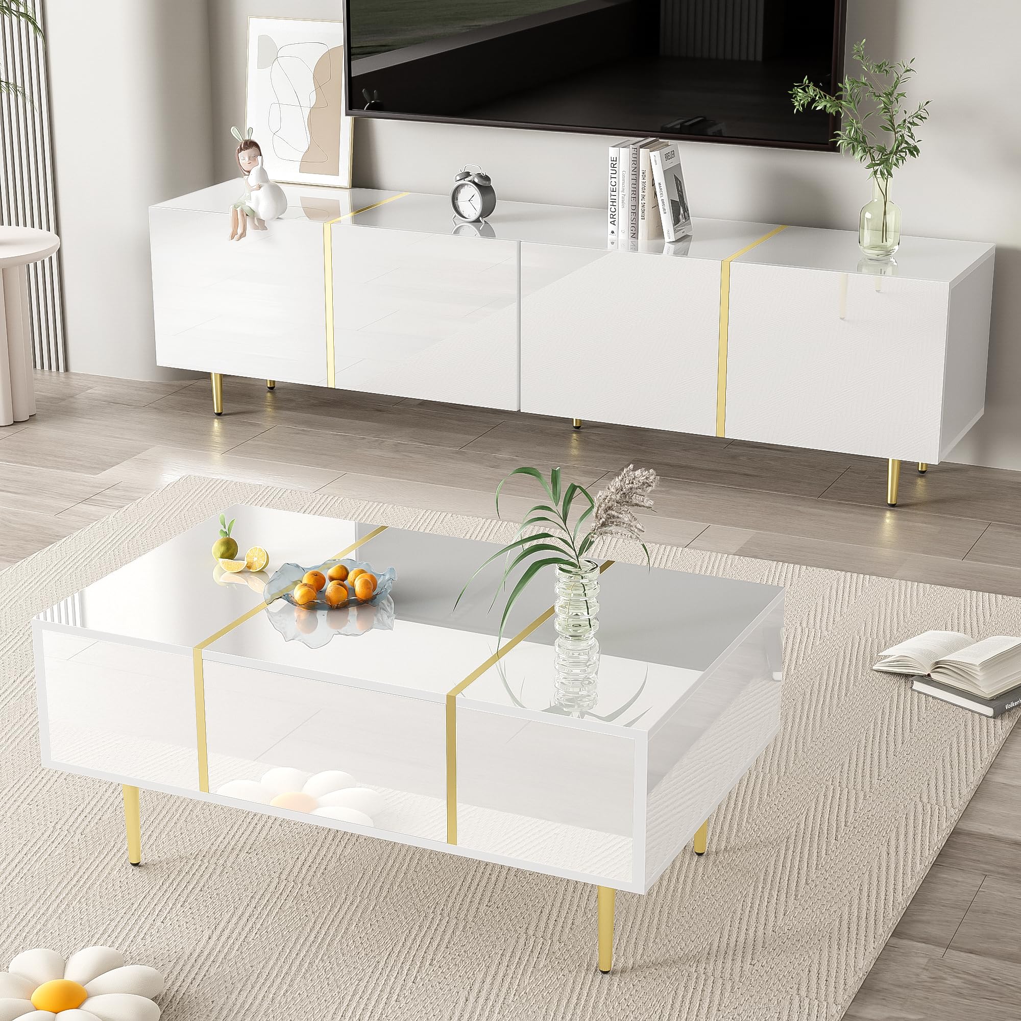 Generisch Moderner TV-Schrank mit Couchtisch Set in Hochglanz Weiß & Gold – 4 Türen, 2 Schubladen, Soft-Close, Staubsaugerroboterfreundlich, XL-Stauraum für Wohnzimmer
