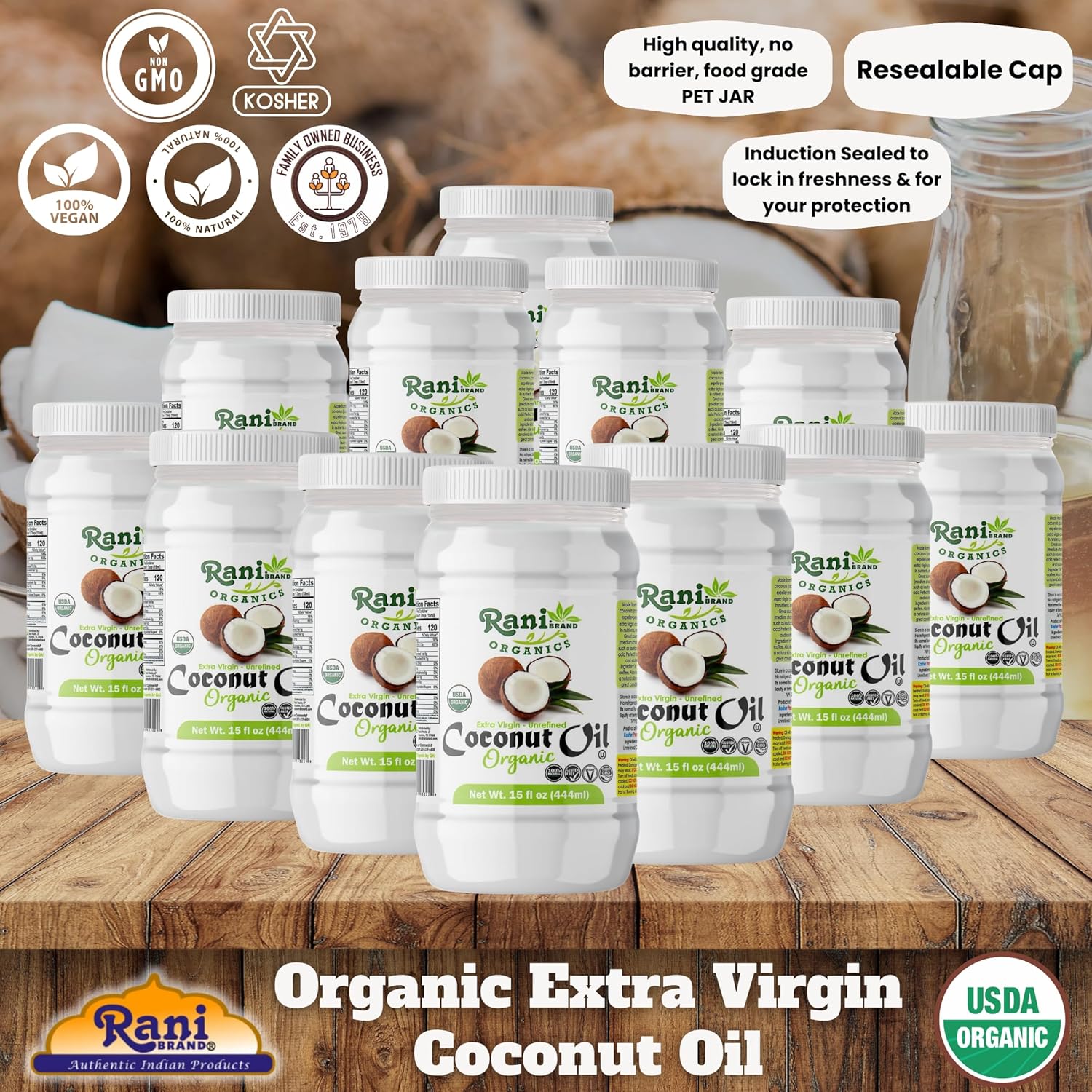 Rani Organic Extra Virgin Coconut Oil, Unrefined 15 fl oz (444ml) Pack of 12, Cold Pressed, NON-GMO | Gluten Free | Kosher | Vegan | 100% Natural | USDA Certified Organic