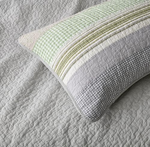 Vista 62 de Chezmoi Collection Samuel Juego de colcha con relleno de cuadros gris pardo, blanco y azul marino, 3 piezas, retales, algodón prelavado, ligero