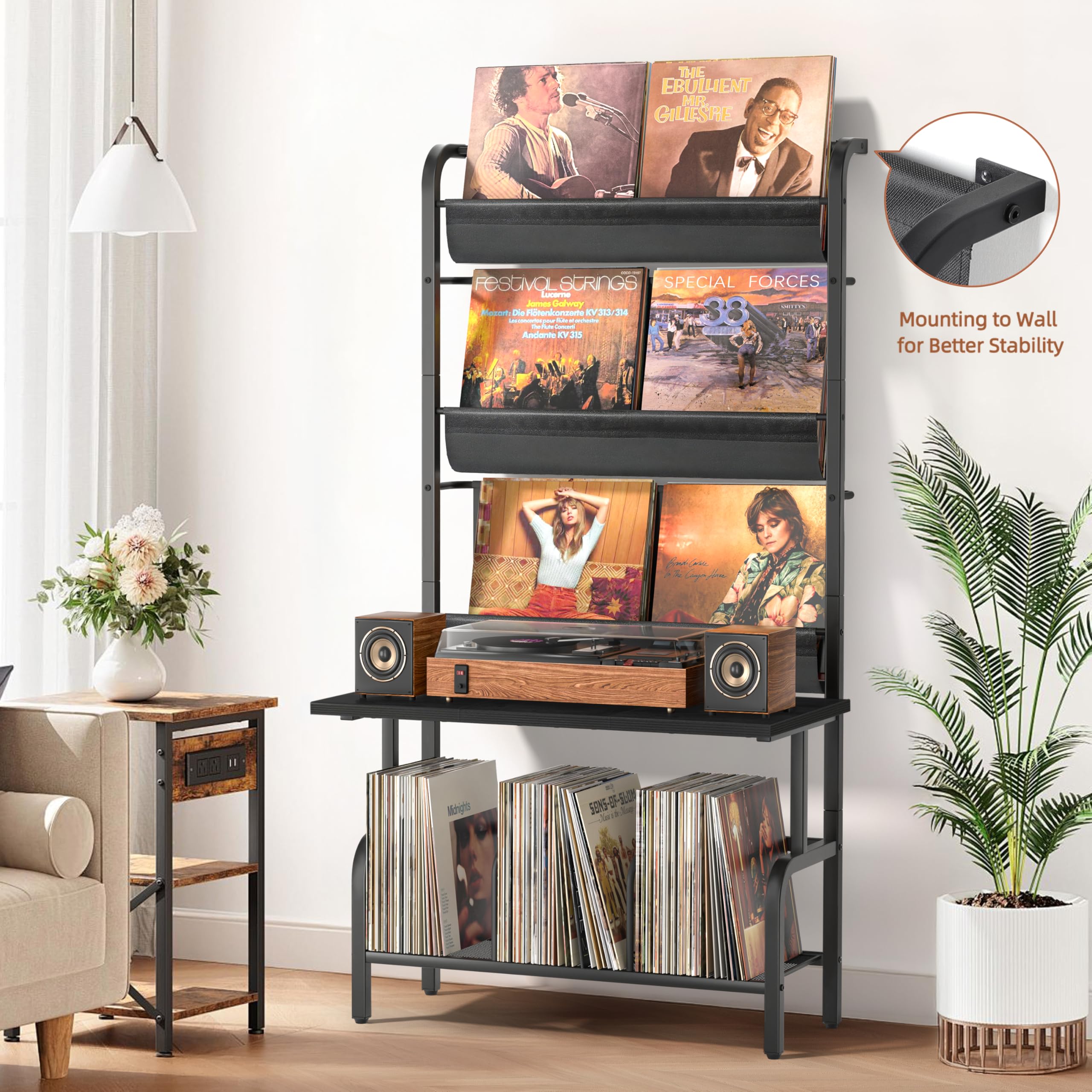 Bikoney Supporto per Giradischi con Mobiletto Porta Vinili, Archiviazione per 300 Album LP, Tavolino Multilivello con Espositore per Dischi, Mobile Robusto per Soggiorno, Nero