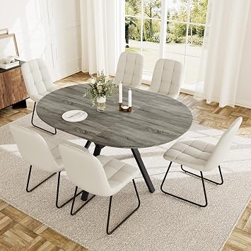 HIPIHOM Extendable Round Dining Table Set for 6 People, 43.3"-59.1" Extendable Kitchen Table with 6 Upholstered Chairs, Space Saving for Kitchen Dining Room Grey Table+6 U-Shaped White Chairs