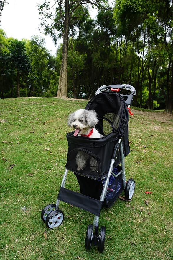 Ouzen 4 Wheel Pet Stroller for Cat Dog，Black Travel Folding Carrier