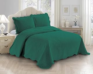 Fancy Linen 3pc Embossed Coverlet Bedspread Set Oversized Bed Cover Solid Floral Daisy Pattern New # Allis (Full/Queen, Hunter Green)