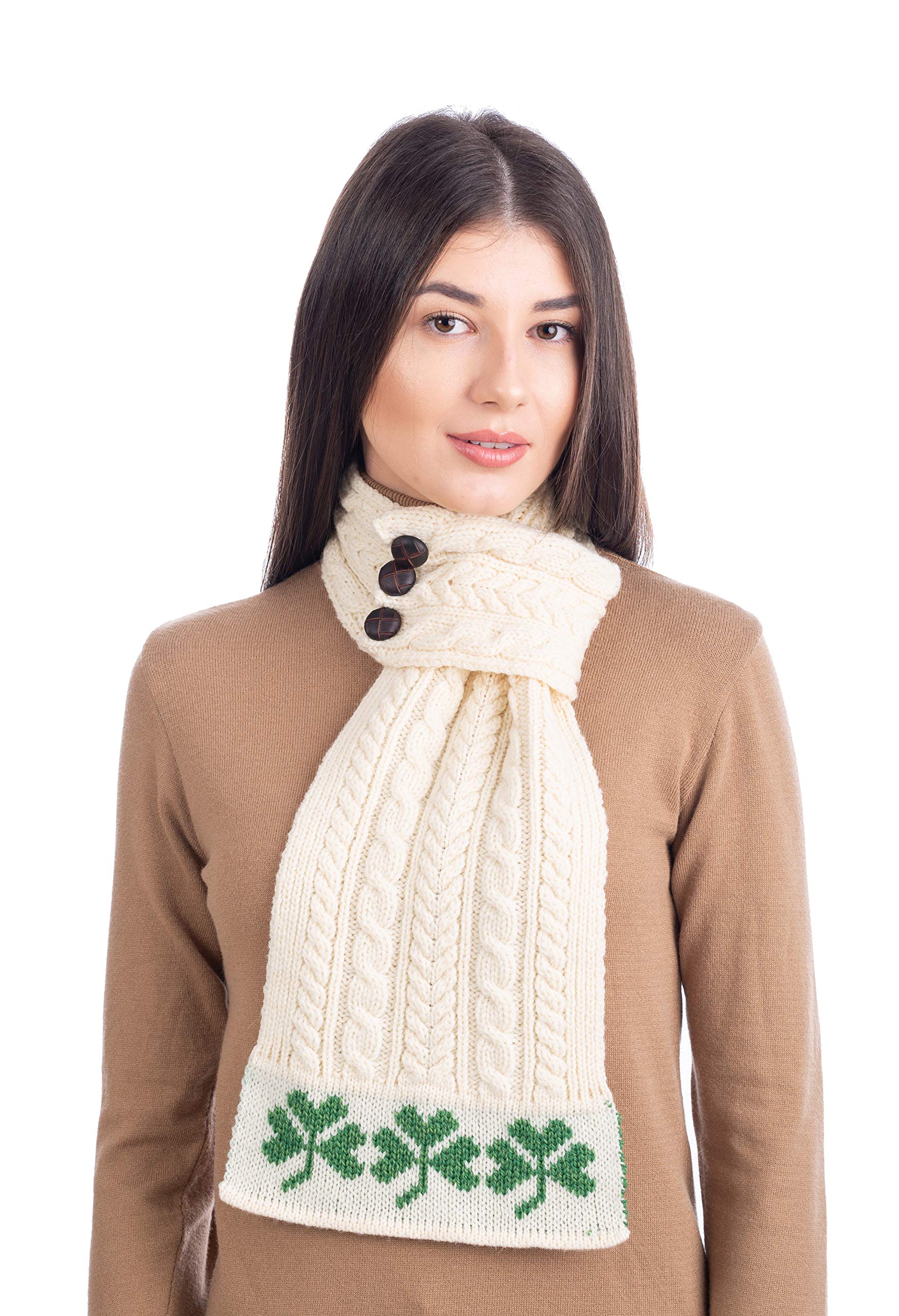 SAOL - Sciarpa Aran da donna con nodo, in stile irlandese con motivo con trifoglio, in 100% lana merino - marrone - taglia unica