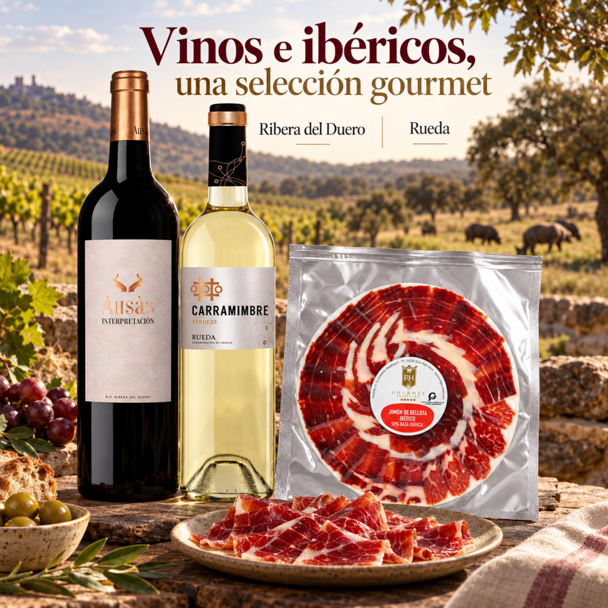 Cesta gourmet Navidad Ausás Interpretación y Carramimbre Verdejo con jamón de bellota ibérico 50% corte a cuchillo 100 g RH Gourmet, pack de 2 botellas 75 cl