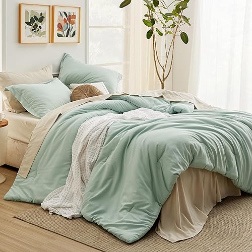 Bedsure Juego de edredón Queen verde salvia, juego de ropa de cama suave de 7 piezas con edredón, sábanas, fundas de almohada y fundas, cama bohemia
