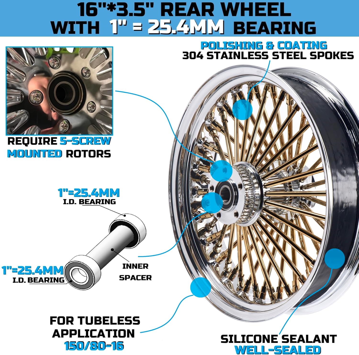 FatFlex 16" Rear Wheel Golden Vintage Style 3.5" Rim for 00-07 Harley Dyna/Softail/Touring – Dual Bearing (1" & 3/4") w/Reducer-1635R-1SM-CJC