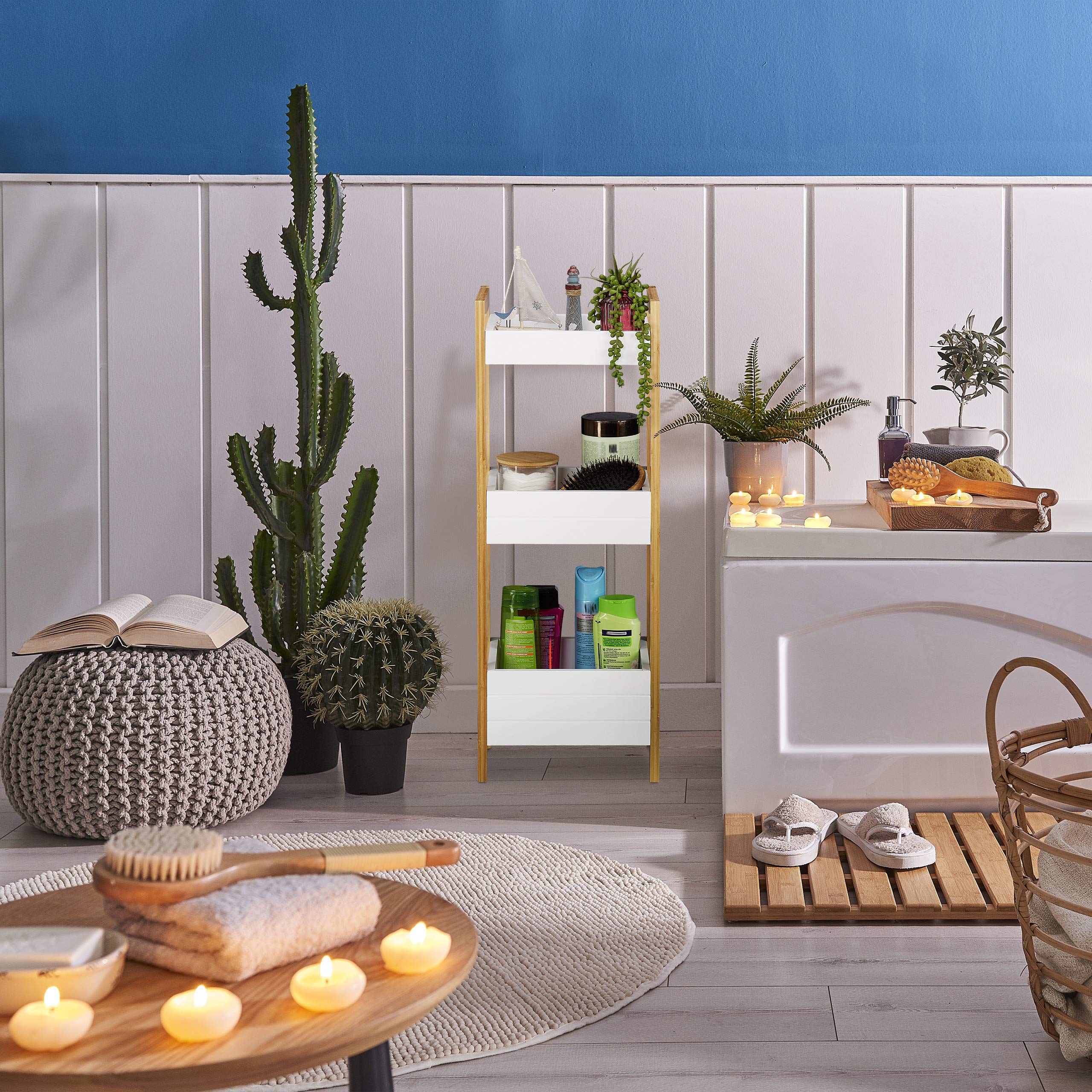 Relaxdays Etagère de Bain avec 3 paniers, bambous et MDF, HxlxP 74,5 x 28 x 20 cm; Debout, en Cuisine, Nature/Blanc