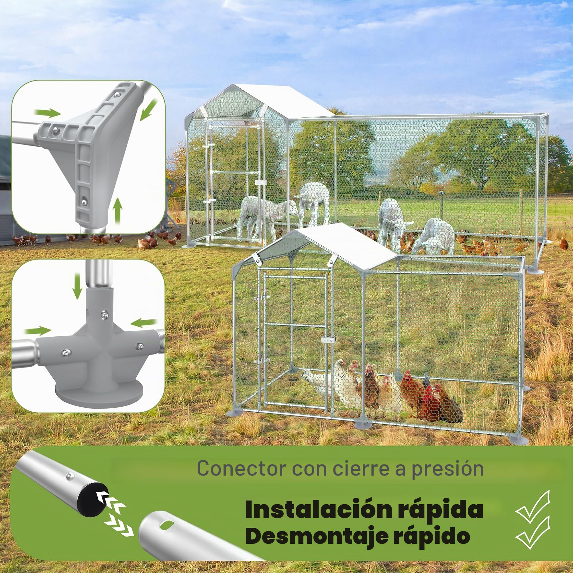 NAIZY - Parque para gallinas con cerradura, gallinero de 4 m x 1 m - Estructura de acero galvanizado con techo protector solar de PE - Pequeño gallinero para gallinas, jaula para pájaros