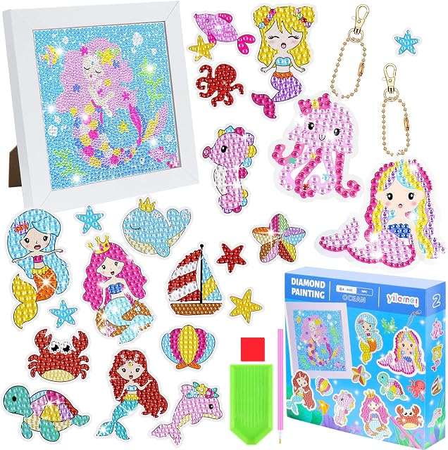 Yotako Diamond Painting Kits for Kids, 28PCS DIY Gem Diamond Art Kits with Frame Sparkle 5D Kids Diamond Art Kits by Numbers, 2 Pcs Keychains 21 Pcs Stickers Arts and Crafts for Girl 6 7 8 9 10 11 12