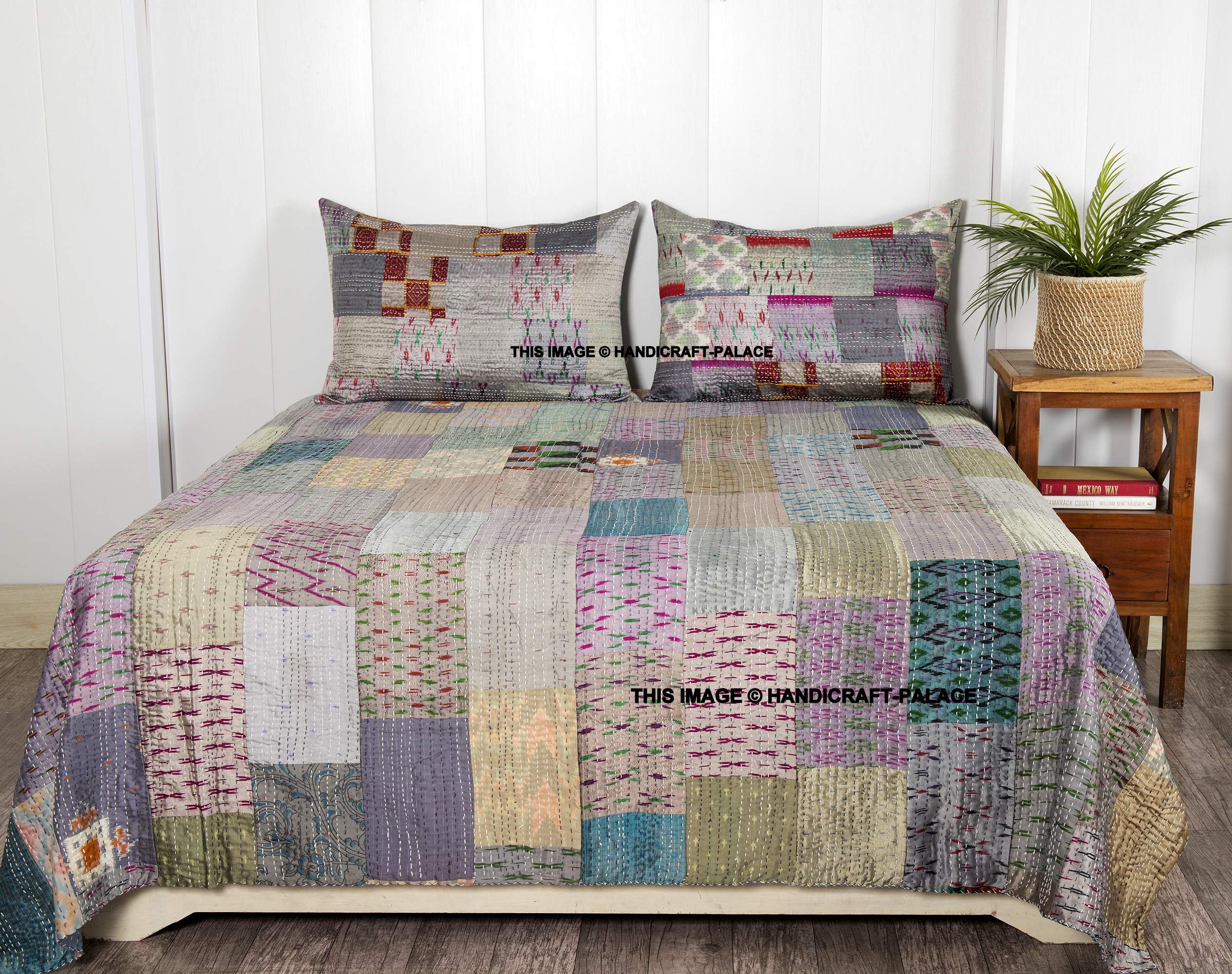 Ravaiyaa - Attitude is everything Handmade Kantha Work Bed Cover Traditional Patchwork Quilt Double Bedspread Gudari Silk Bedding Quilt Comforter Ralli (Grey, Queen)-image-1
