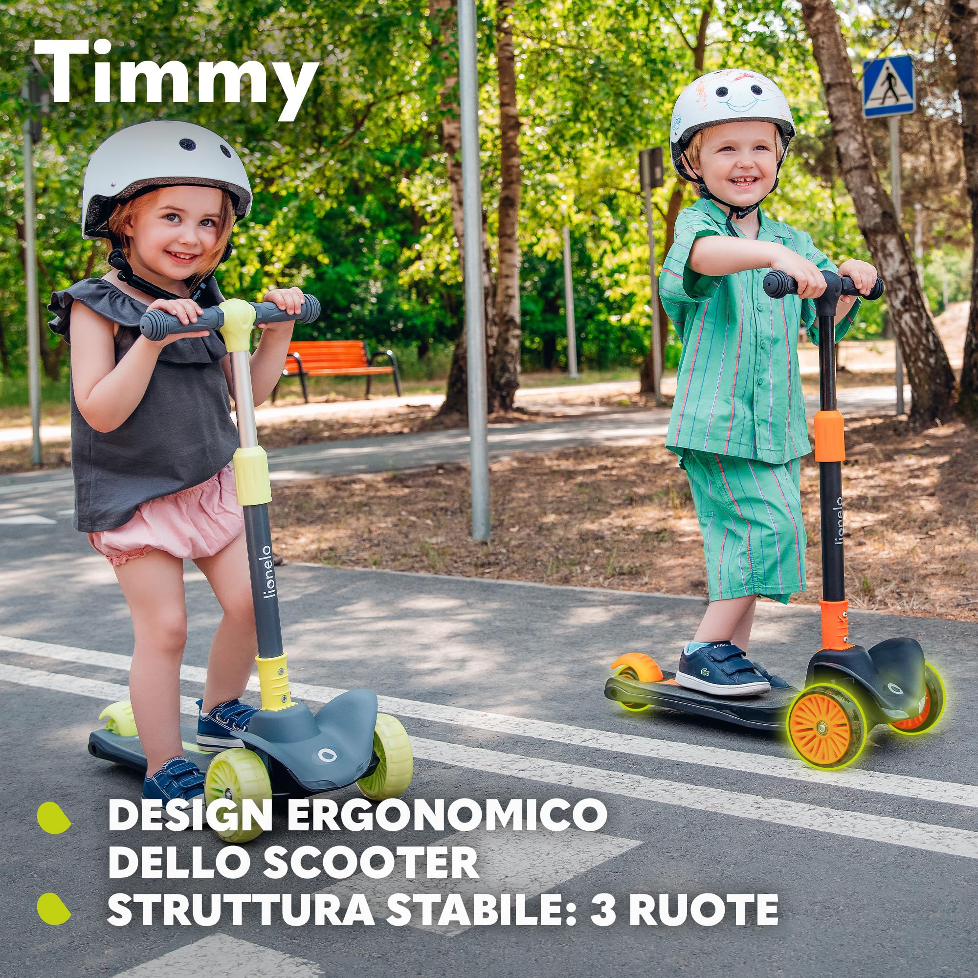 LIONELO Timmy - Monopattino per bambini da 3 anni fino a 50 kg, monopattino a tre ruote con regolazione in altezza, piattaforma antiscivolo, freno, ruote e piattaforma LED