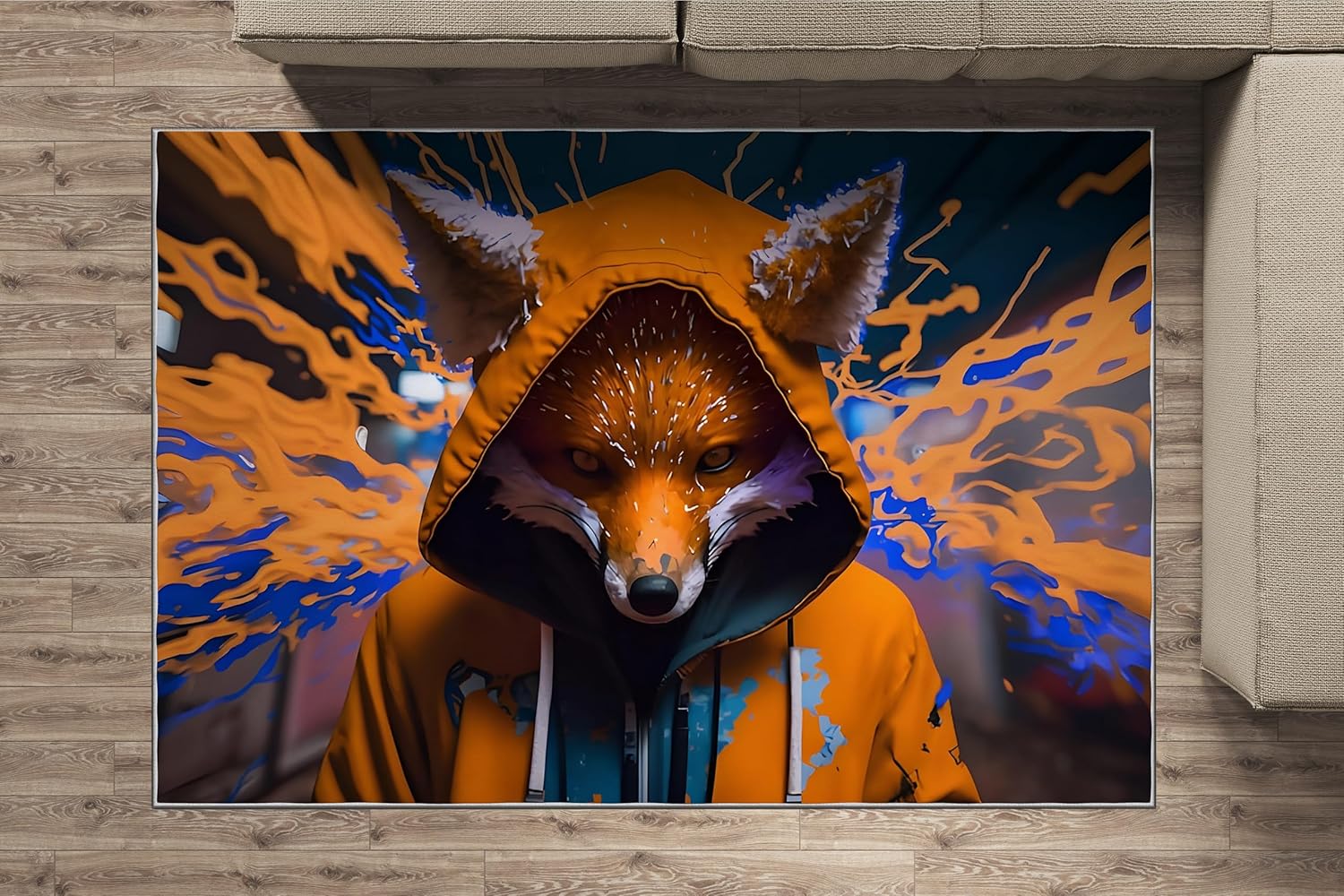 Fox Rug, 2x3 Rug, Cartoon Anime Foxes Area Rugs for Entryway, 3D Graffiti Animal Carpet Bedroom Decor, Washable Non-Slip Door Mat Throw Rugs for Living Room Dorm, Orange Blue