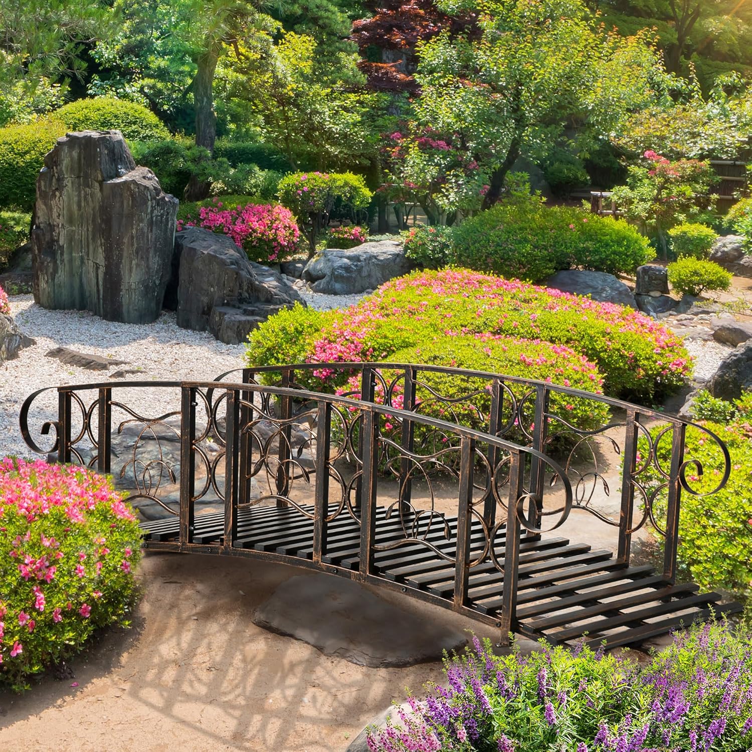 6' Metal Garden Arch Bridge - 660 lbs. Weight Capacity with Safety Siderails & Vine Motifs, Easy Assembly for Backyard Creek/Stream/Pond, Brown