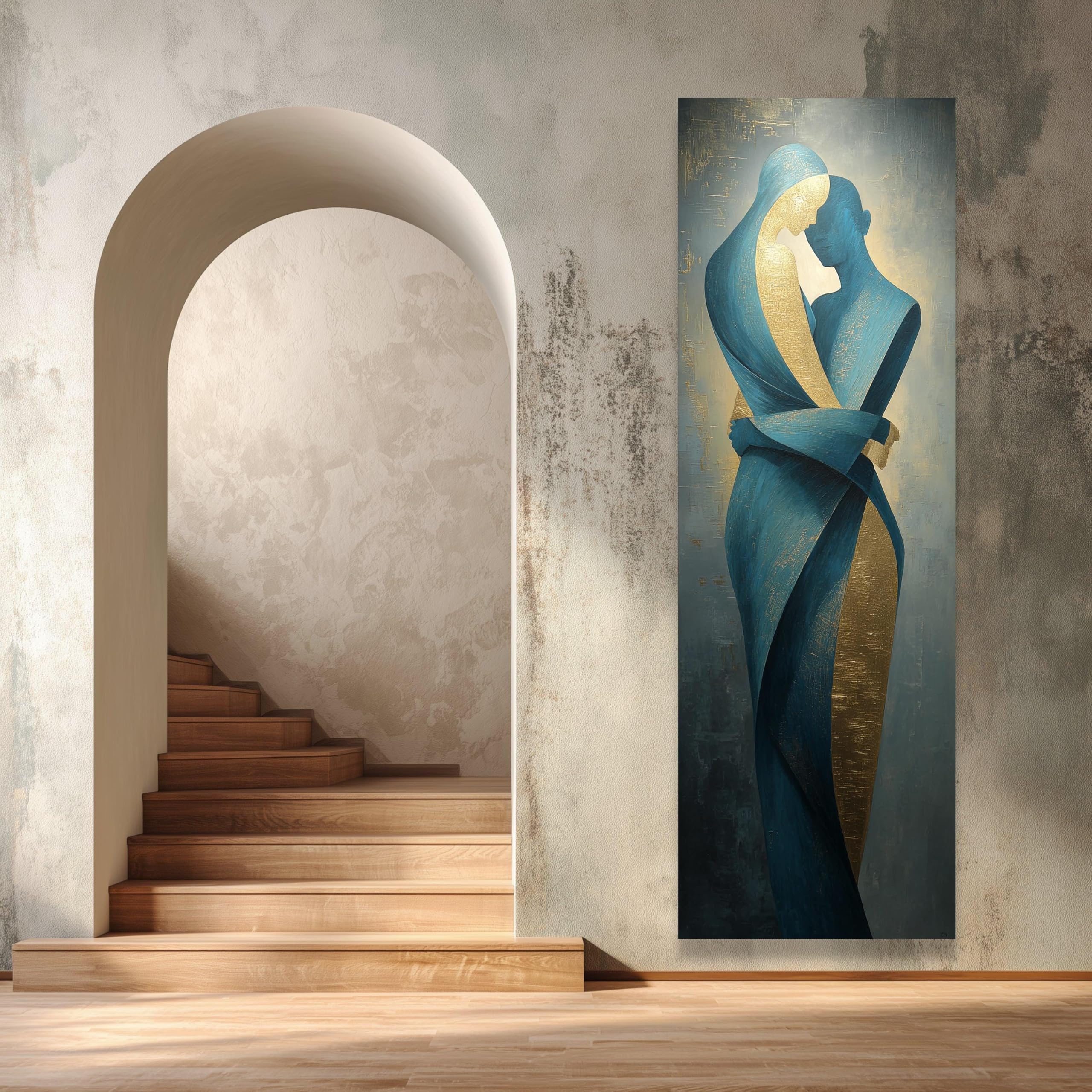TONGYINLI Cuadro largo y estrecho para pared, lienzo abstracto con la imagen de amantes abrazándose, pintura al óleo romántica sobre lienzo, silueta de pareja (70x210cm/marco interno)