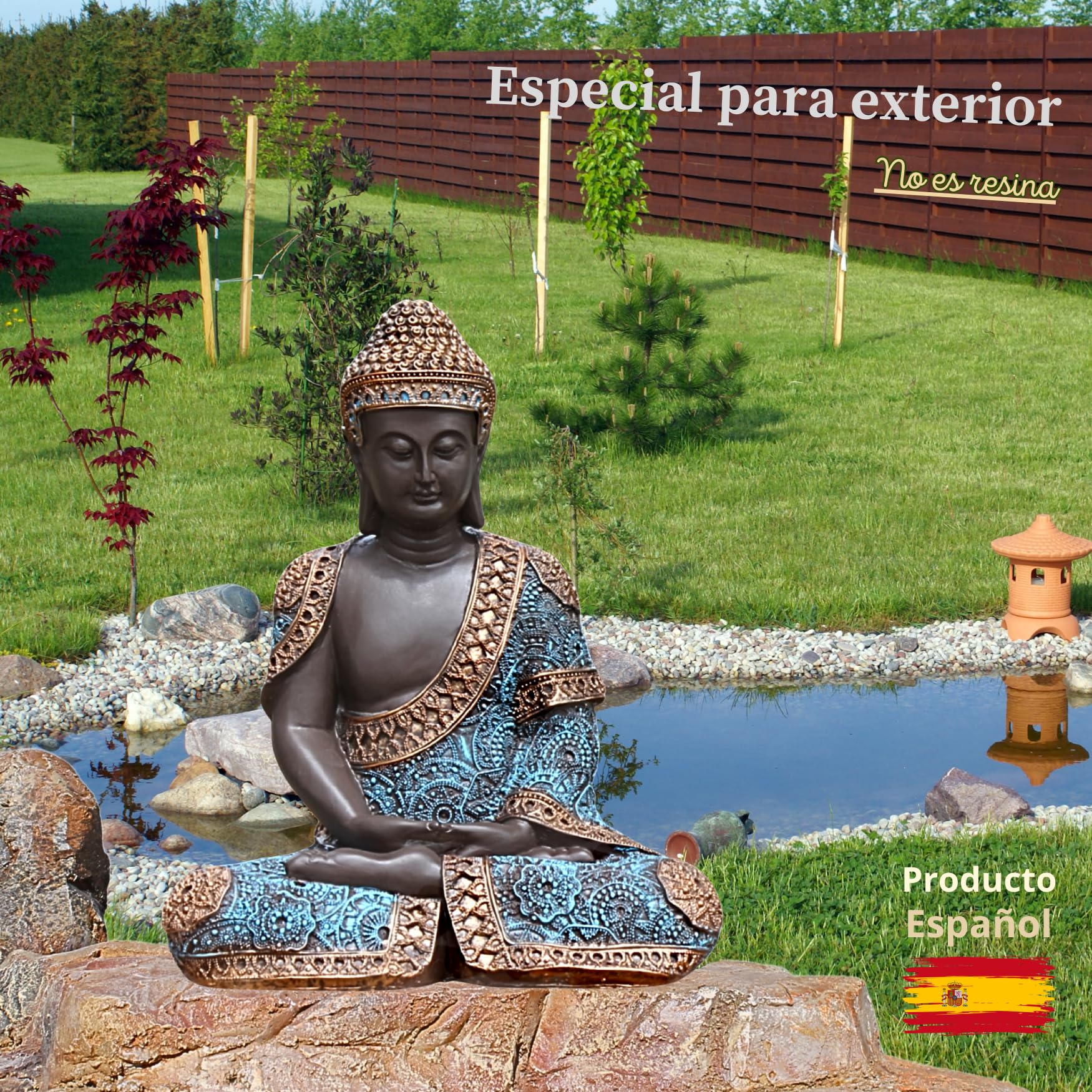 Buda de la Suerte, 41 cm (Celeste) – Budas Decorativos Grandes de Piedra Artificial para Decoracion Jardin Exterior, Figuras Jardin Exterior y Estatuas Decorativas Grandes.