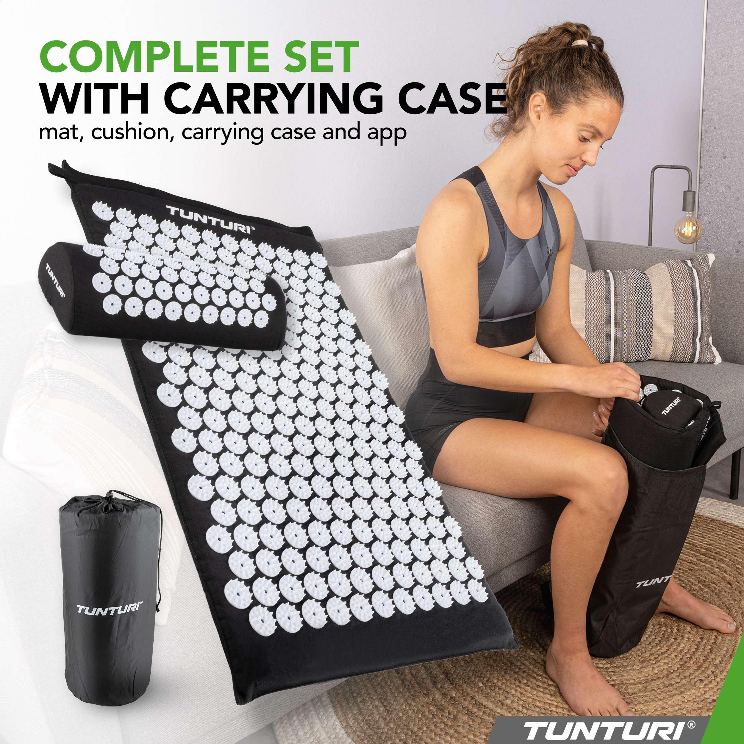 Tunturi Esterilla de acupresión con cojín, esterilla de acupuntura para espalda, cuello, pies, cuerpo entero – Esterilla de acupresión 2 en 1 – Antiestrés – 68 x 42 x 2 cm – Negro
