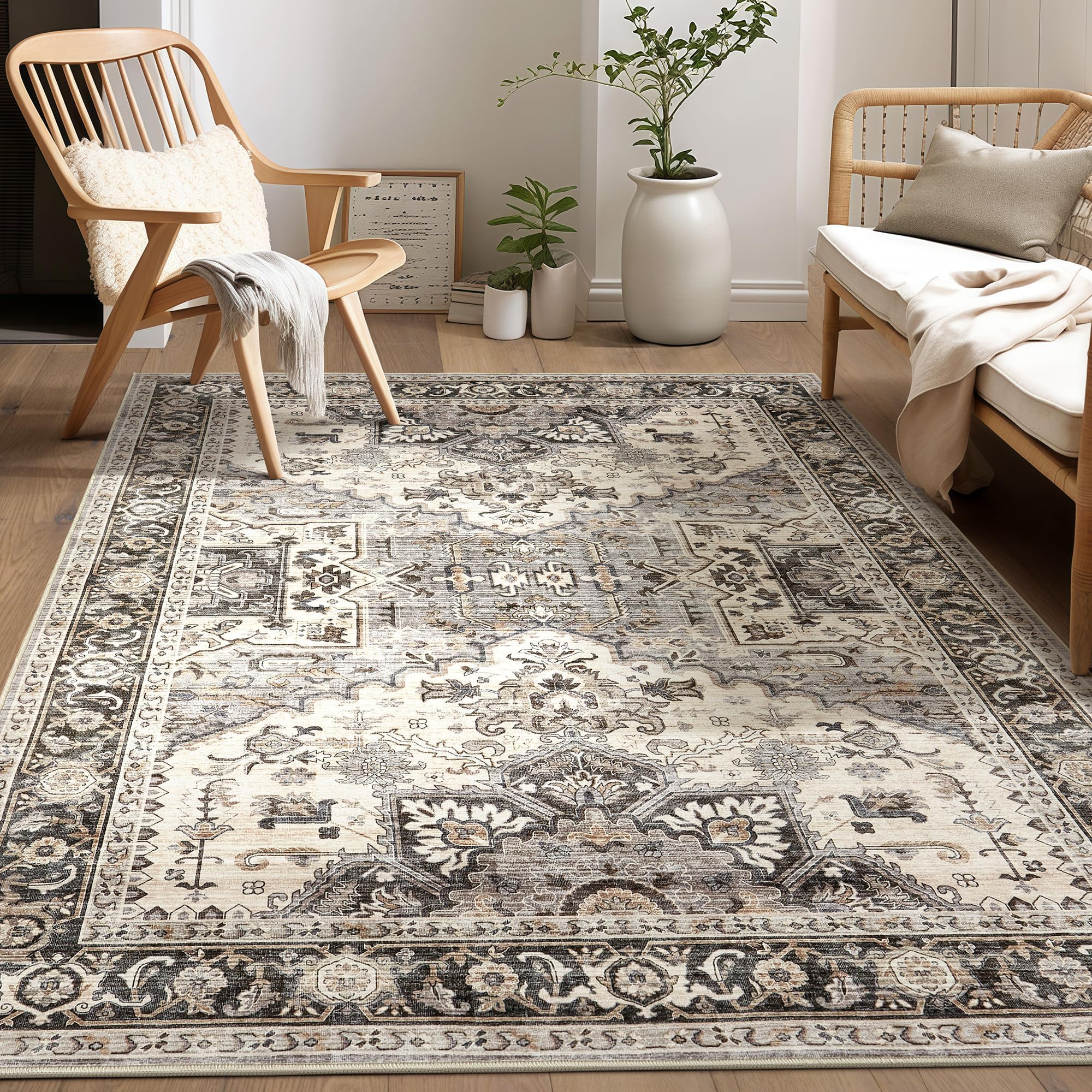 homewill Area Rug for Living Room - 6x9 Soft Machine Washable Oriental Vintage Floral Distressed Large Indoor Floor Carpet for Bedroom Under Dining