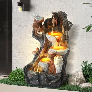 Outdoor Garden Water Fountain with Cascading Rock, 4-Tiers Fountains and Waterfalls with LED Lights,Indoor/Outdoor Morden Floor Standing Water Feature w/2 Squirrel Decor for Patio, Backyard - Amazon product rated Grade A