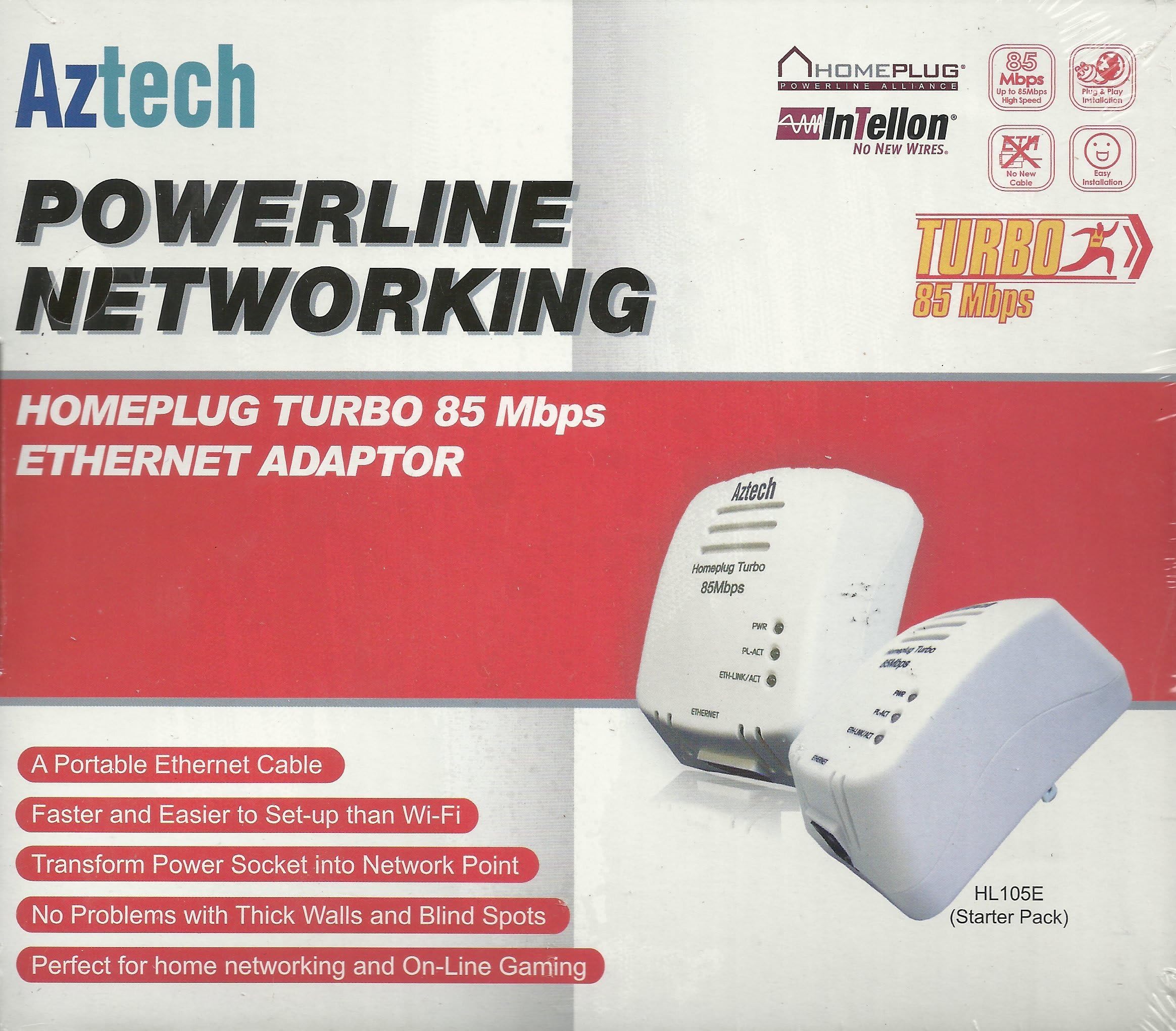 Aztech HL105E Twin Pack Homeplug Turbo 85 Mbps Powerline Adaptor