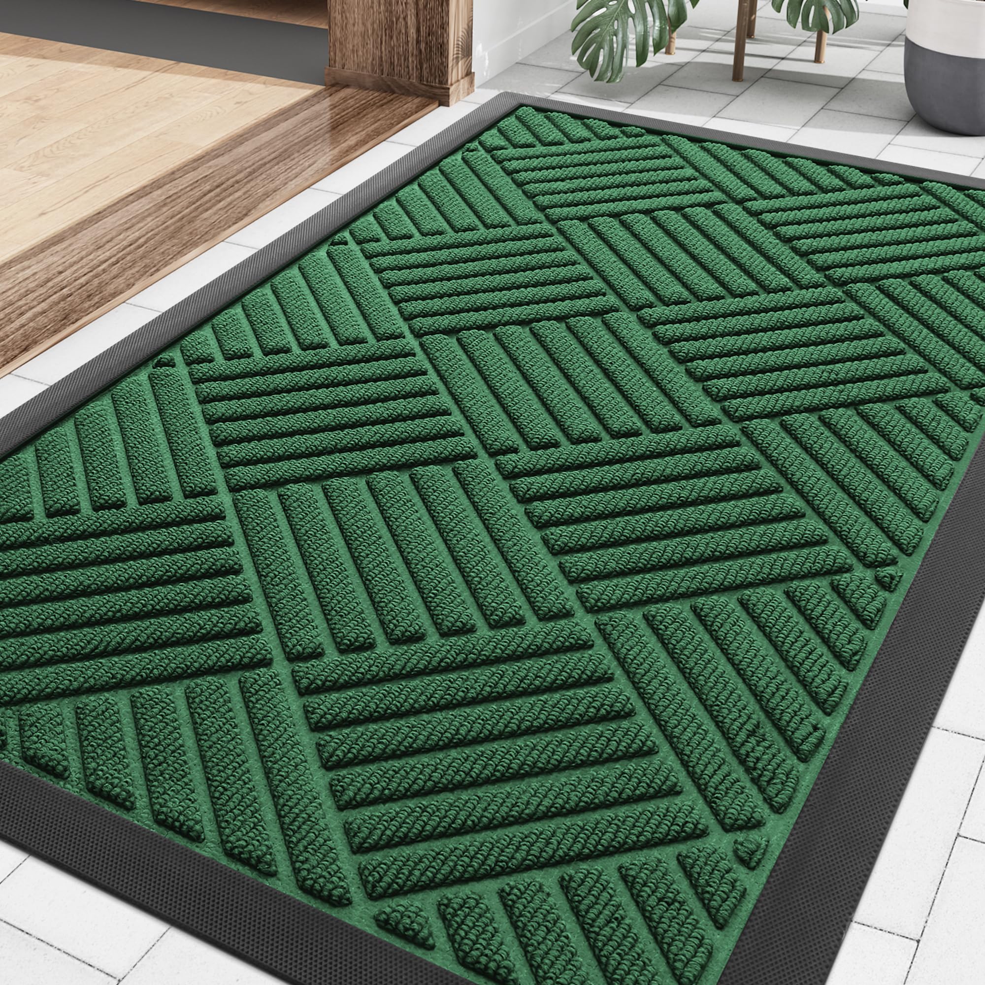 Smiry Front Door Mat Outside Entrance, Heavy Duty Outdoor Indoor Natural Rubber Doormat, Non Slip, Trap Dirt and Moisture, Easy Clean, Low Profile Patio Porch Entryway Mat, 29.5x17, Green