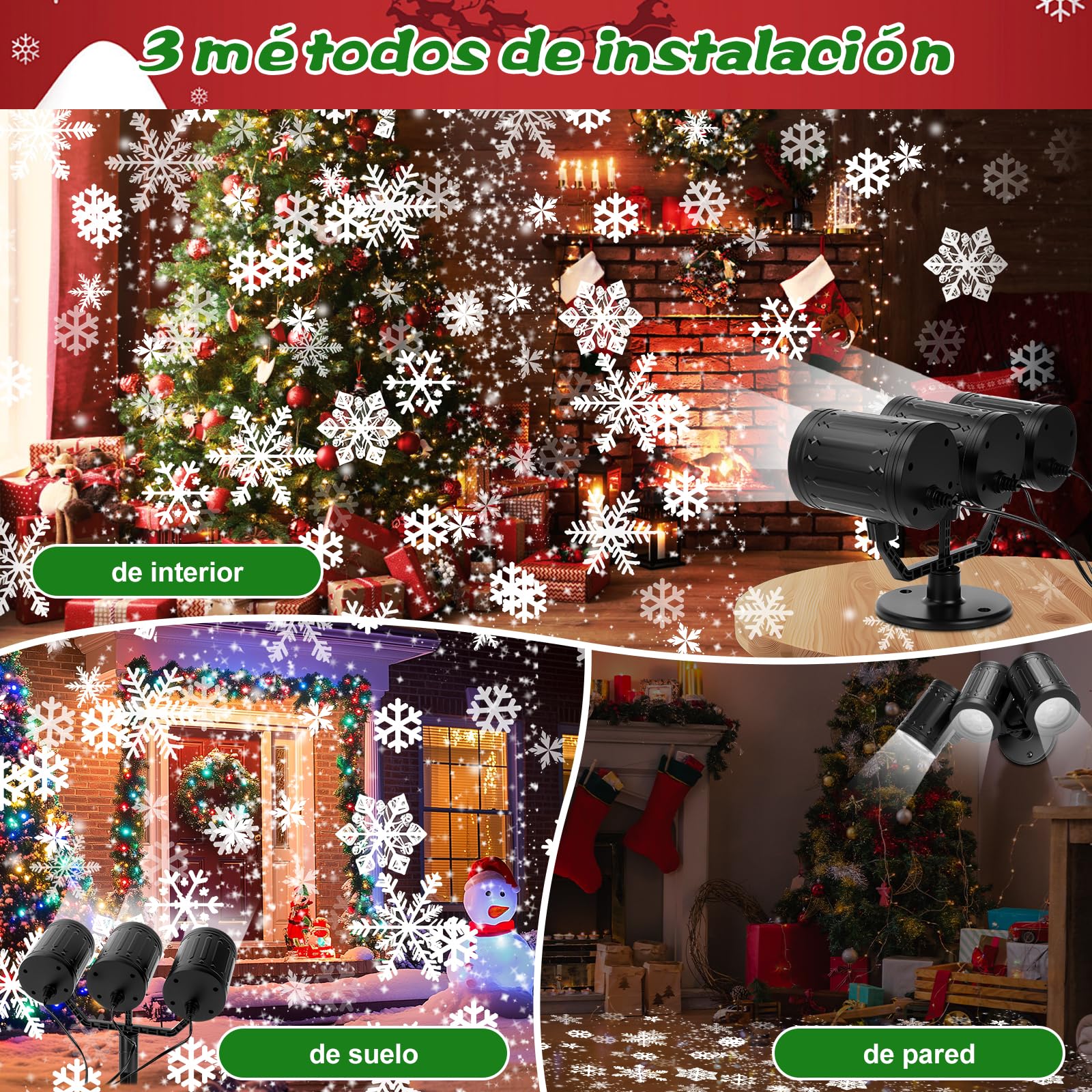Herefun Proyector Navidad de Copos de Nieve, tres Cabezas Proyector Dinámica navidad exterior con Temporizador, Resistente al Agua, Decoración Navidad Para Paredes Casas Jardines Entrada