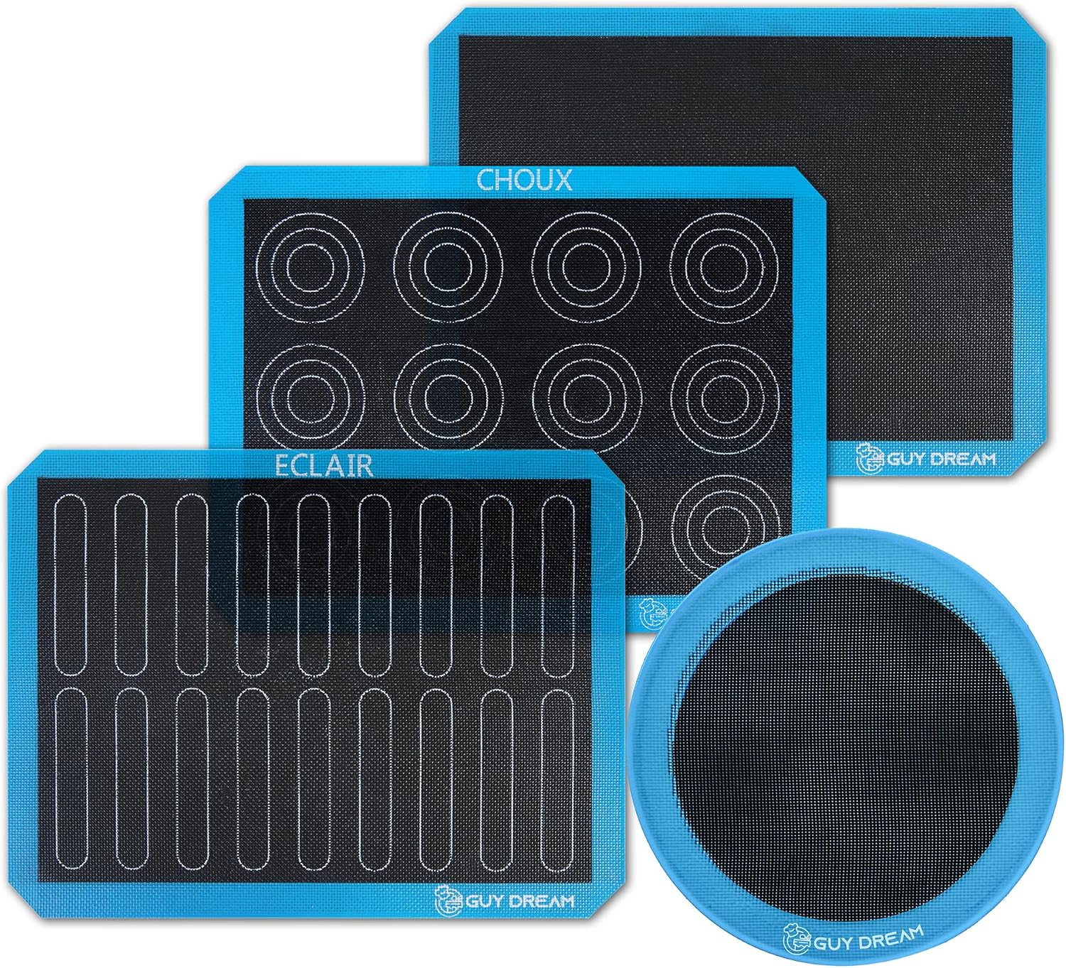 GUYDREMAT Perforated Silicone Baking Mat Set, 4 Pack with Choux, Eclair, Blank and 10-Inch Round Mats, Non-Stick Reusable Baking Sheets for Bread, Pastry, Cookies and Pizza