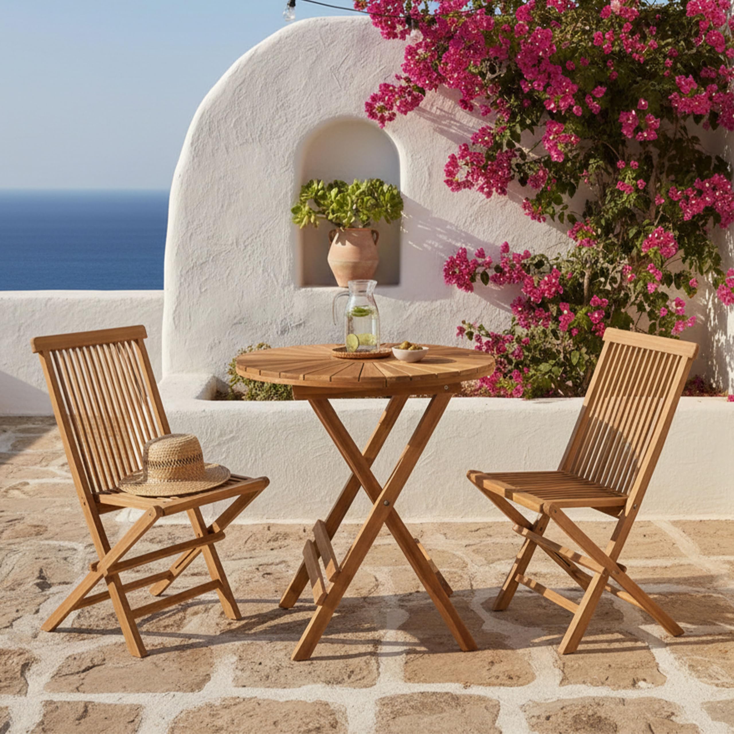 AXI Gia/Mina Conjunto de Bistro de Teca, 3 Piezas | Conjunto de Bistro con 2 sillas Plegables - Mesa de Jardin Redonda Plegable de 60 cm | Conjunto de Jardin de Madera para Balcon, terraza y Jardin
