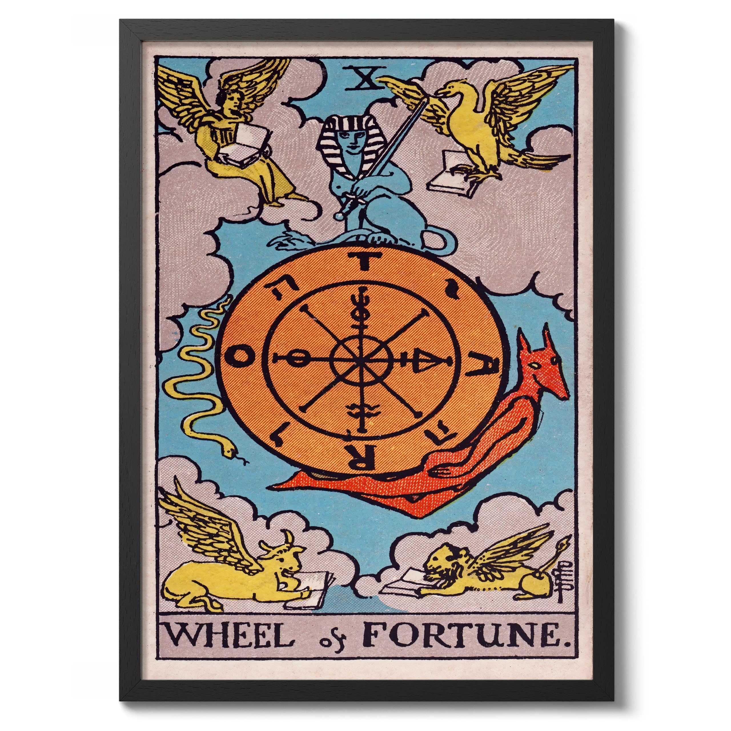 Wheel Of Fortune Vintage Tarot Art Print, Spiritual Wall Art Poster, Retro Mystical Bedroom Home Decor, A1 (Black Frame) - 86.9x62.4cm