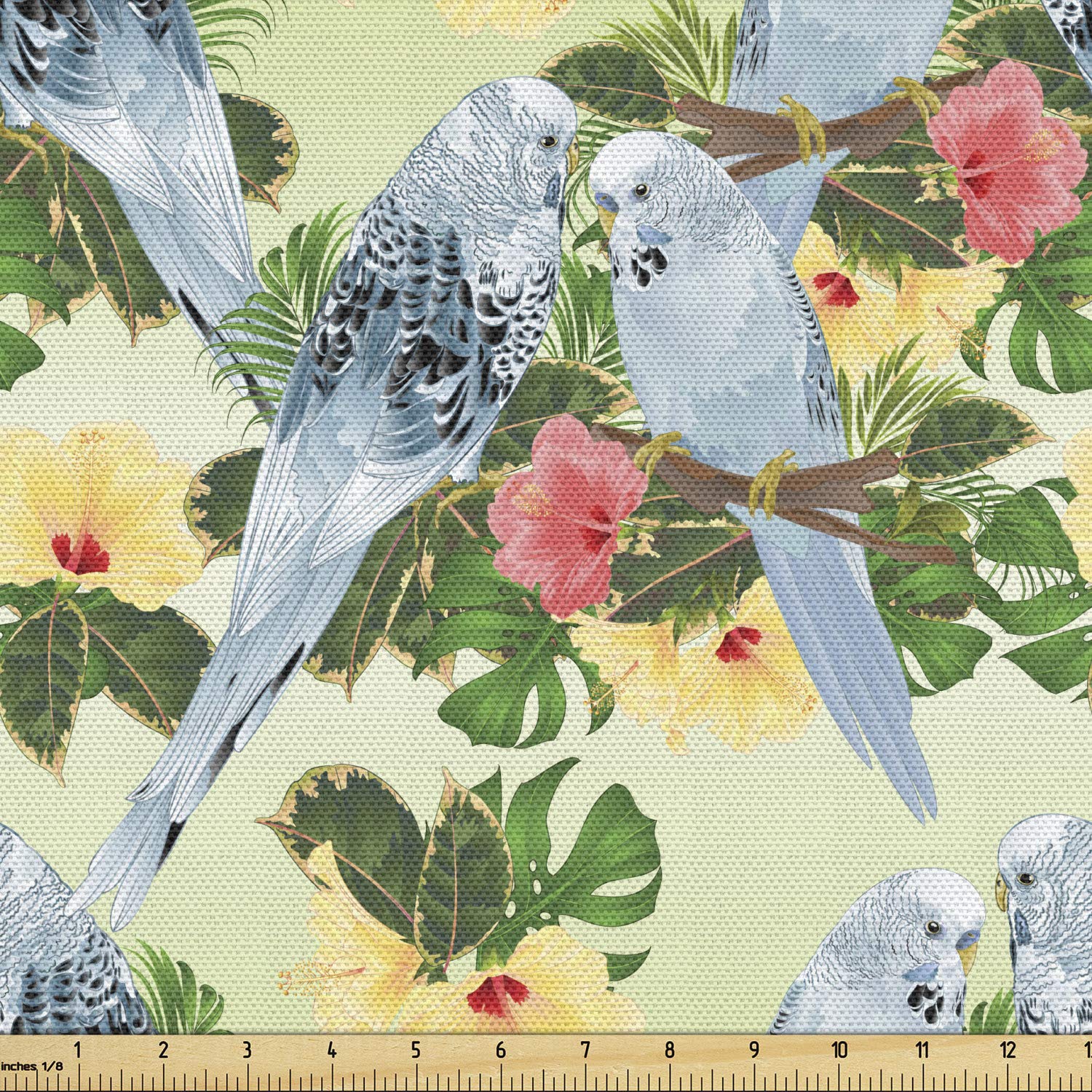 Ambesonne Hibiscus Fabric by The Yard, Composition of Floral Elements and Budgerigars Birds, Decorative Fabric for Upholstery and Home Accents, 5