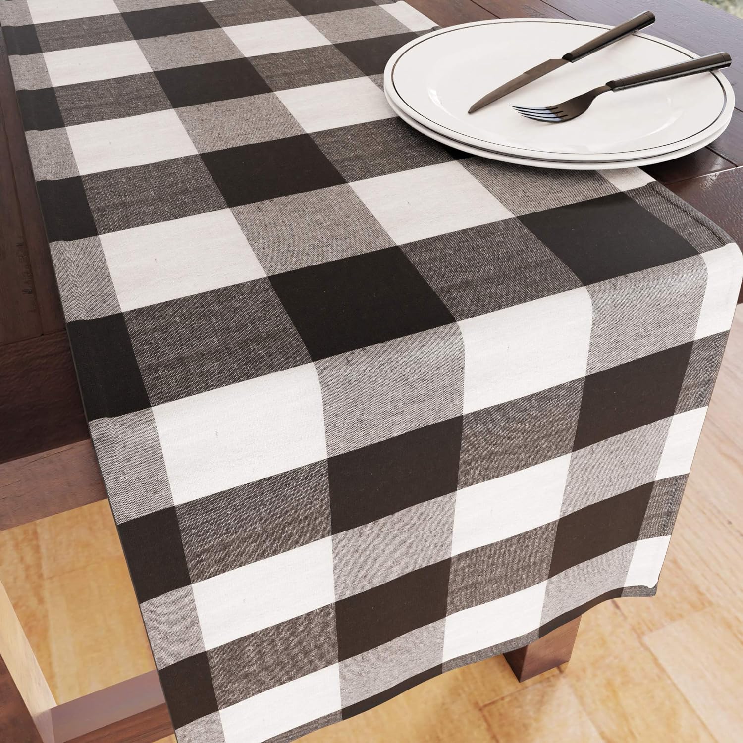Encasa XO Cotton Dining Table Runner, Buffalo Black Checks, 32x150 cm