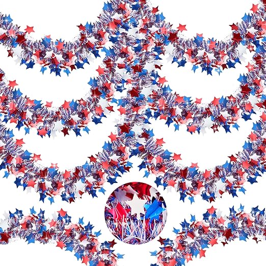 50 FT 4th of July Garland Red White and Blue Patriotic Tinsel Garland for Home Party Holiday Red White and Blue Memorial Day Independence Day 4th of July Decorations