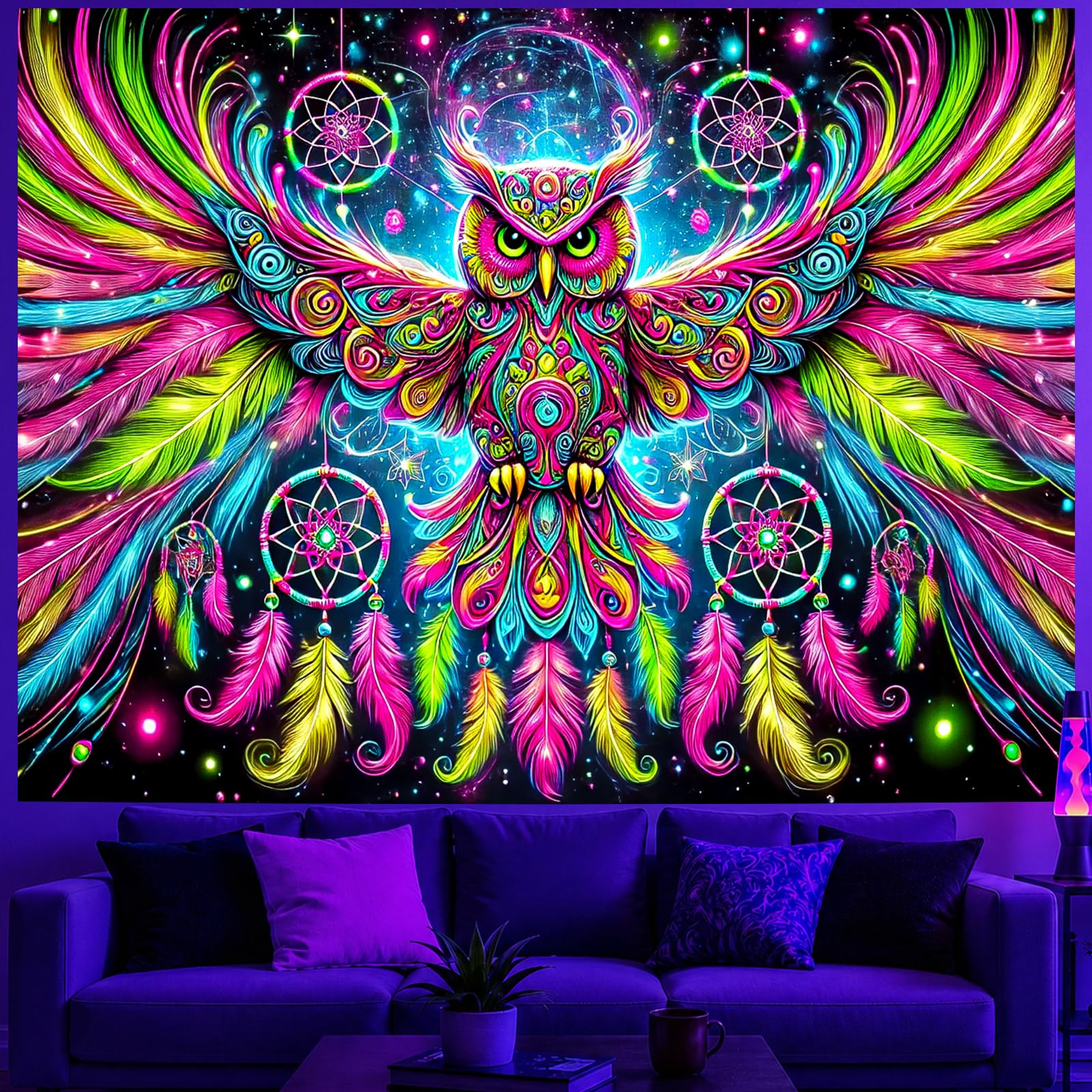BlissYard Owl Tapestry Blacklight Tapestry 79x59 Inch Trippy Wall Hanging
