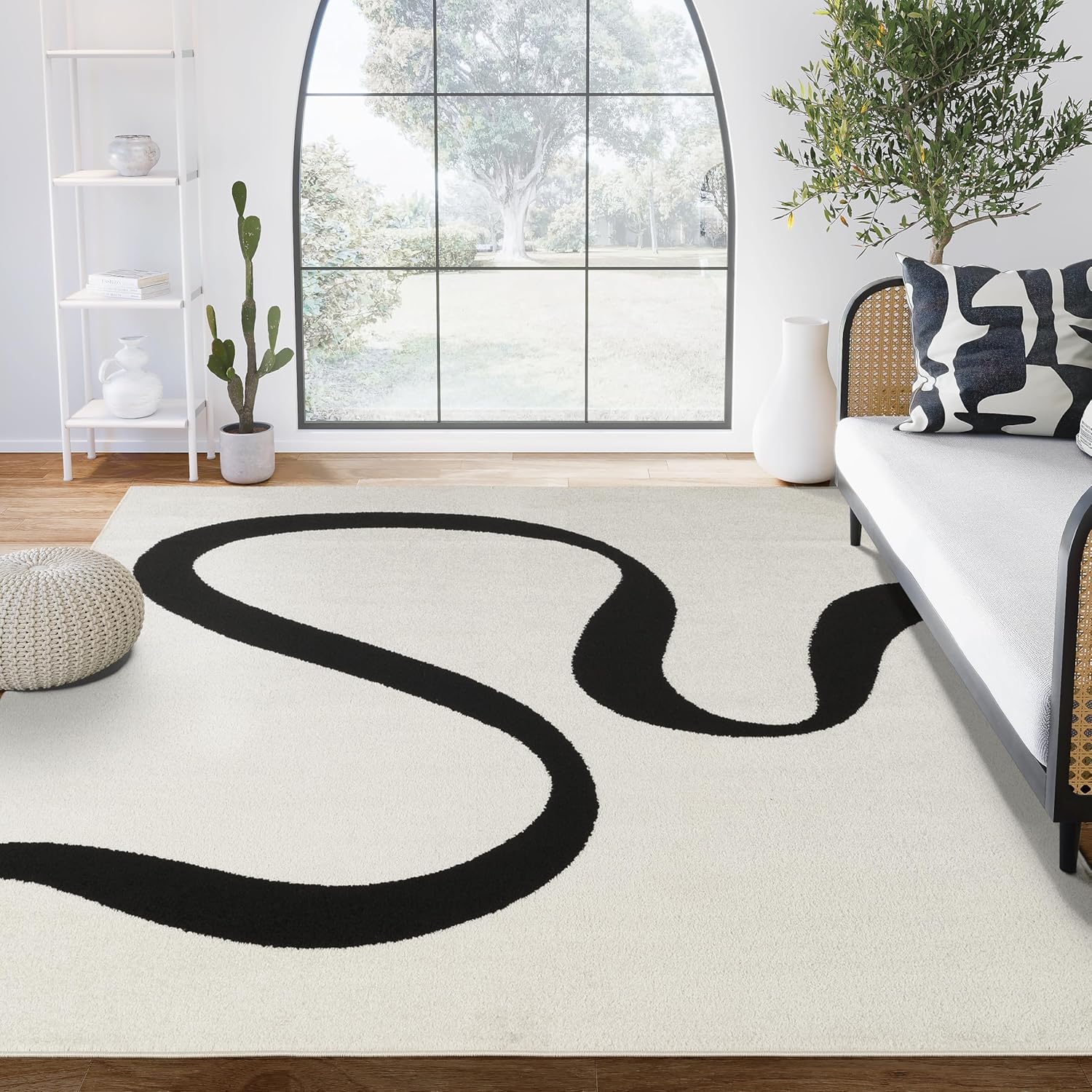 Abani Black and Cream Area Rug | White Abstract Swirl Wave Carpet | 8' x 10' Beige/Ivory Geometric Wave Design | for Living Room, Bedroom and Office | Medium Pile