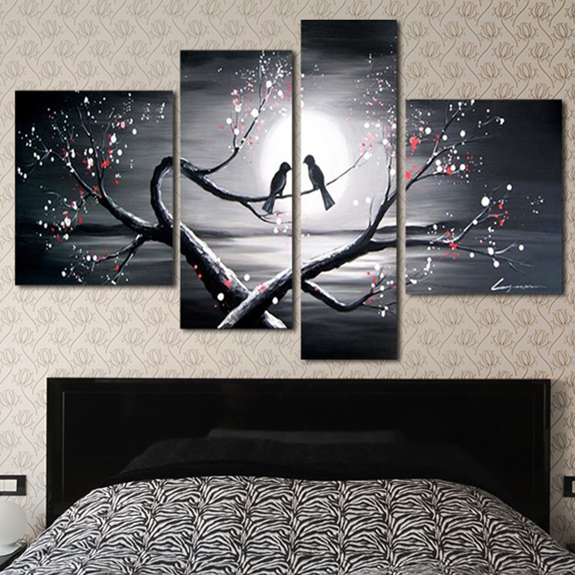 Design Art OL1221 4-Panel Love Birds Abstract Oil Painting, 66 by 32-Inch