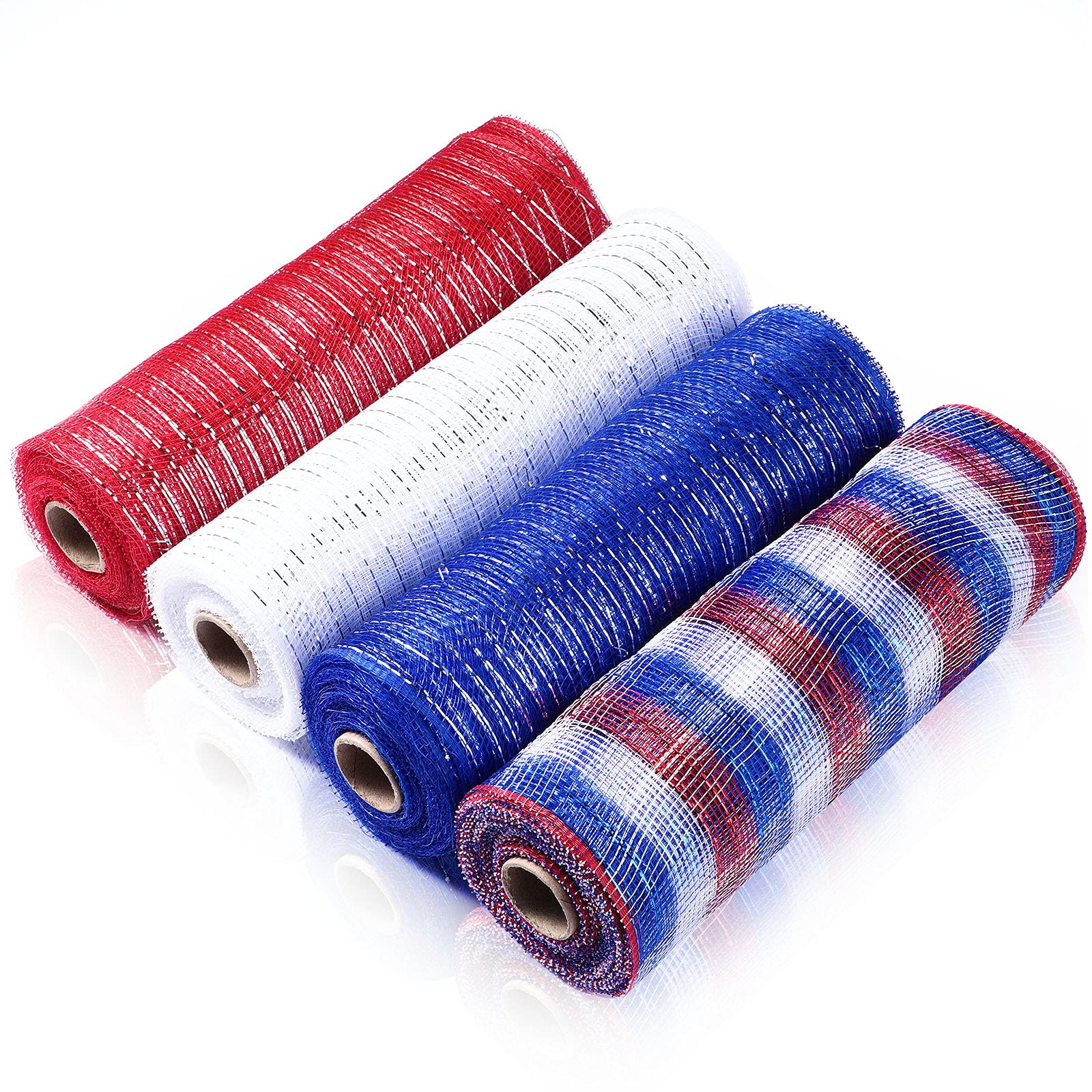 4 Rolls Metallic Foil Mesh Ribbon for Door Wreath DIY Crafts Making Supplies (Red, Blue, White, 10 Inch)