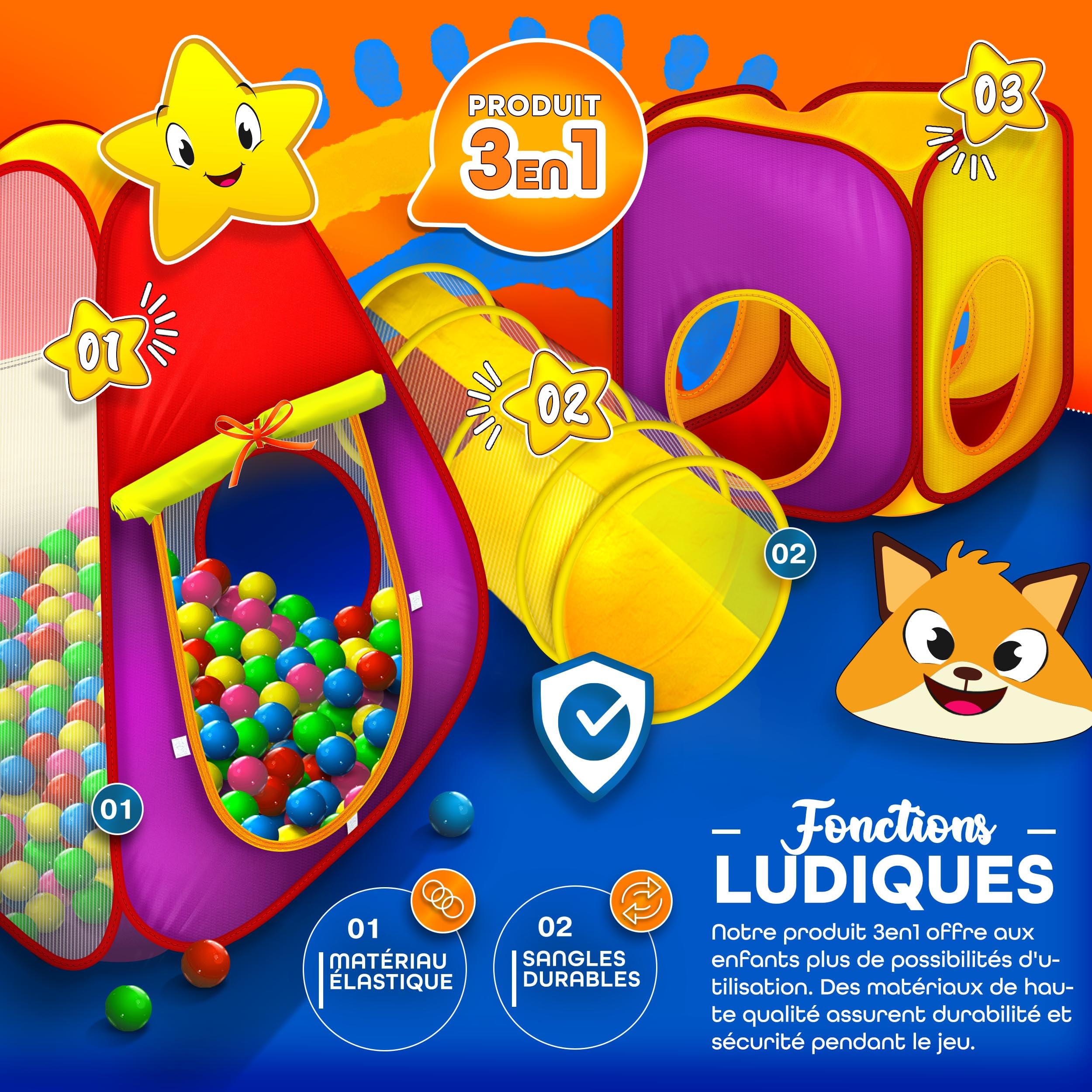 KIDUKU Tente de Jeu 3 éléments avec 200 balles et étui de Transport