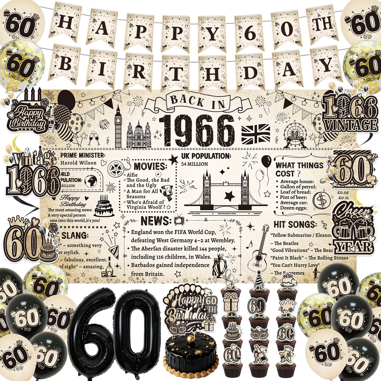 Eiapadeor 60th Birthday Decorations for Men Women - 40 Pcs Vintage Happy 60 Year Old Party Supplies Back in 1966 Backdrop Banner with Hanging Swirls Balloons Cake Toppers Birthday Decorations Set โ image 1