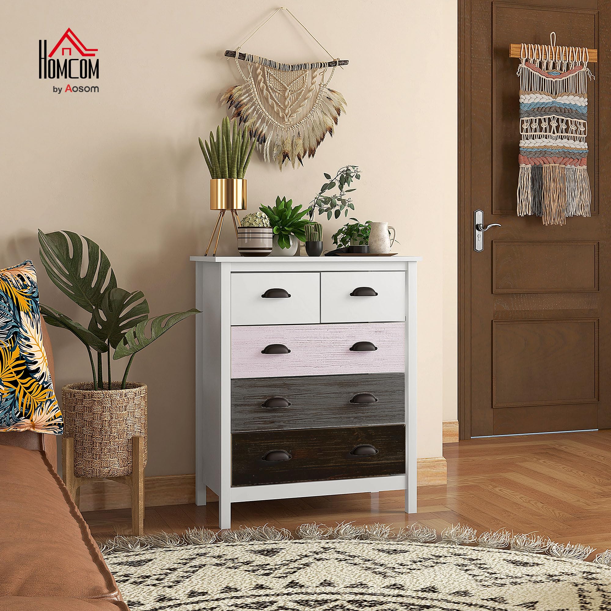 Commode 5 Tiroirs HOMCOM Blanc 70x38x85cm - Meuble De Rangement Moderne Pour Chambre, Salon Ou Couloir
