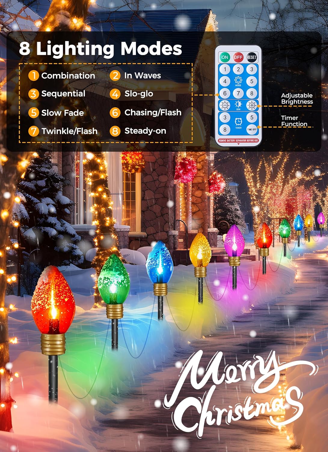 Brightown Solar Jumbo Christmas Lights Outdoor - 2 Pack Total 44 FT 20 LED Jumbo C9 Christmas Pathway Lights with Timer, 8 Modes, Christmas Outdoor Decorations for Lawn Outside Walkway, Multicolor