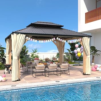 LVUYOYO 11 x 13 Wood Gazebo, Outdoor Hardtop Gazebo, Double Galvanized Steel Roof Gazebos Pergola with Curtains and Nettings, Wooden Pavilion for Patio, Backyard, Deck, Garden