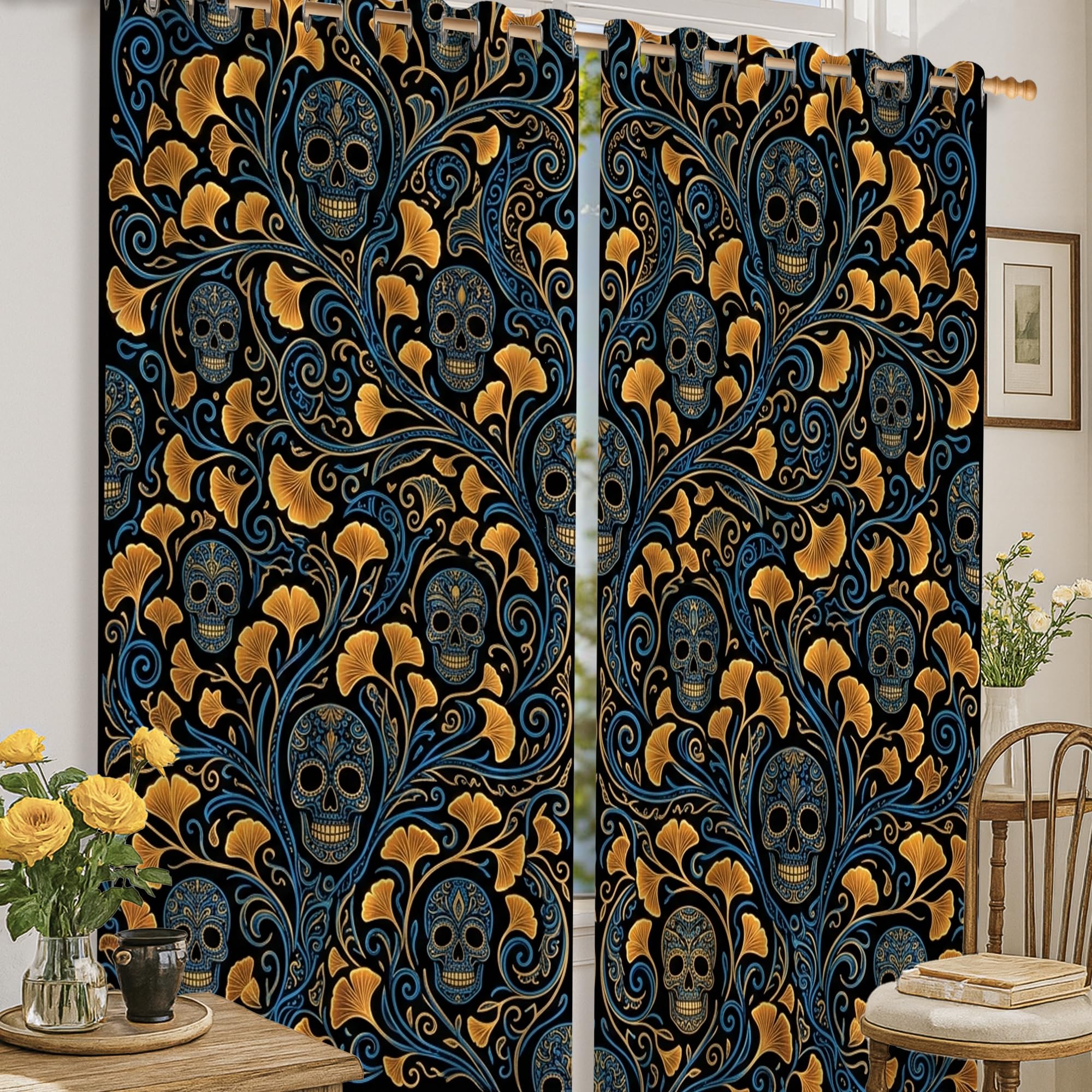 Rideaux occultants art nouveau ginkgo noir 132 x 160 cm haut de gamme
