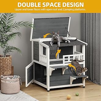 DWVO Large Two-Story Outdoor Cat House with Balcony for 2 Cats, Solid Wood Feral Cat Shelter Weatherproof with Escape Door & Openable Asphalt Roof, 2 Story Outside Cat Condo for Small Animals, Grey